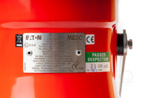 Nevýbušná siréna DB3B Eaton MEDC Exd 12-48 Vdc SIL1 122dB, certifikační štítek